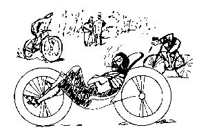 Karikatura z roku 1892. Jezdec na lehocipedu vypadá uvolněněji než cyklisté na vzpřímených kolech.